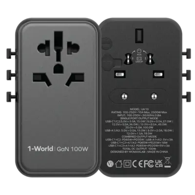 Bộ sạc du lịch MOMAX UA10UKD GaN 4 cổng 100W đa năng 1-World - Du lịch khắp thế giới chưa bao giờ dễ dàng đến thế với <strong>Bộ sạc du lịch đa năng MOMAX UA10UKD GaN 4 cổng 100W đa năng 1-World</strong>. Tích hợp sẵn các loại chân cắm cho hơn 200 quốc gia, bộ sạc <strong>MOMAX UA10UKD</strong> mang đến tổng công suất 100W mạnh mẽ nhờ công nghệ GaN tiên tiến. Với 4 cổng sạc (3 USB-C PD & 1 USB-A QC), bạn có thể sạc nhanh đồng thời laptop, máy tính bảng, điện thoại và nhiều thiết bị khác. Nhỏ gọn, an toàn và cực kỳ đa năng. <strong>MOMAX UA10UKD</strong> là người bạn đồng hành lý tưởng cho mọi chuyến đi, đơn giản hóa hành lý và giữ thiết bị của bạn luôn sẵn sàng hoạt động trên khắp thế giới.