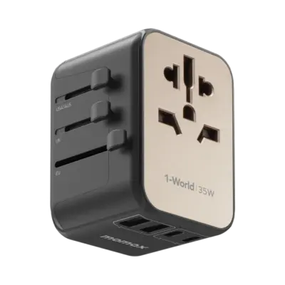 Bộ sạc du lịch MOMAX UA9UK 5 cổng 1-World 35W - Du lịch khắp thế giới một cách dễ dàng và tiện lợi với <strong>Bộ sạc du lịch MOMAX UA9UK 5 cổng 1-World 35W tương thích hơn 200 quốc gia</strong>. Tích hợp sẵn các loại chân cắm cho hơn 200 quốc gia, bộ sạc <strong>MOMAX UA9UK</strong> mang đến tổng công suất 35W đáng tin cậy. Với 5 cổng sạc (3 USB-C & 2 USB-A), bạn có thể nạp năng lượng đồng thời cho điện thoại, máy tính bảng và nhiều thiết bị khác. Nhỏ gọn, an toàn và cực kỳ đa năng. <strong>MOMAX UA9UK</strong> là người bạn đồng hành lý tưởng cho mọi chuyến đi, đơn giản hóa hành lý và giữ thiết bị của bạn luôn sẵn sàng hoạt động trên khắp thế giới.