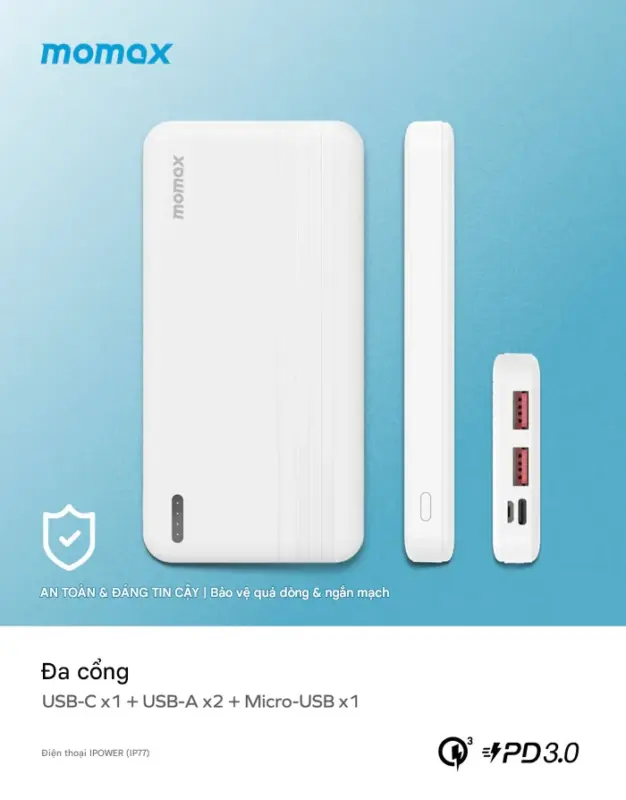 Pin dự phòng MOMAX IP77 iPower PD 10000mAh - Đừng để nỗi lo hết pin làm gián đoạn nhịp sống của bạn! Với <strong>Pin dự phòng MOMAX IP77 iPower PD 10000mAh</strong>, bạn có trong tay nguồn năng lượng 10000mAh đáng tin cậy, đủ sức sạc đầy điện thoại nhiều lần. Công nghệ sạc nhanh Power Delivery (PD) và Quick Charge (QC) giúp nạp năng lượng cho thiết bị của bạn và chính viên pin một cách hiệu quả và tiết kiệm thời gian. Thiết kế gọn gàng, dễ dàng mang theo, <strong>MOMAX IP77 iPower PD</strong> là người bạn đồng hành lý tưởng cho mọi ngày bận rộn. Luôn kết nối, luôn tràn đầy năng lượng cùng <strong>MOMAX IP77 iPower PD</strong>.