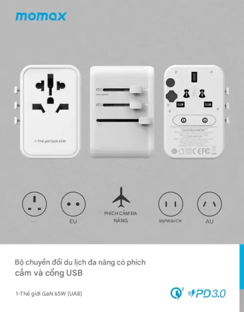 Bộ sạc du lịch đa năng MOMAX UA8U GaN 5 cổng 1-World Universal 65W tương thích hơn 200 quốc gia - Hình ảnh 8