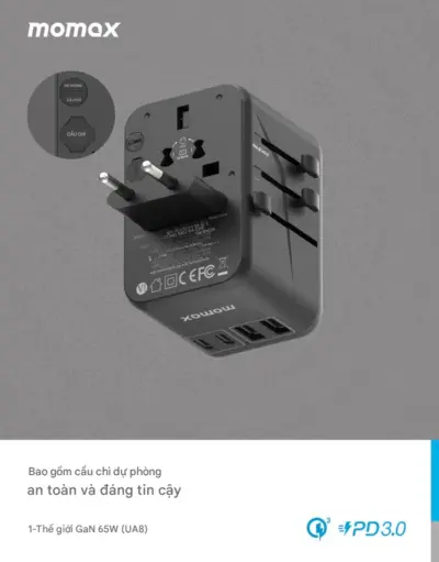 Bộ sạc du lịch đa năng MOMAX UA8U GaN 5 cổng 1-World Universal 65W tương thích hơn 200 quốc gia - Trải nghiệm sự tự do du lịch không giới hạn với <strong>Bộ sạc du lịch đa năng MOMAX UA8U GaN 5 cổng 1-World Universal 65W tương thích hơn 200 quốc gia</strong>. Tương thích với hầu hết các chuẩn ổ cắm trên thế giới, bộ sạc <strong>MOMAX UA8U</strong> mang đến tổng công suất sạc 65W mạnh mẽ nhờ công nghệ GaN. Với 5 cổng sạc tiện lợi (USB-C PD & USB-A QC), bạn có thể sạc đồng thời nhiều thiết bị. Nhỏ gọn, đáng tin cậy và cực kỳ đa năng, <strong>MOMAX UA8U</strong> là người bạn đồng hành năng lượng hoàn hảo cho mọi chuyến đi khắp năm châu.