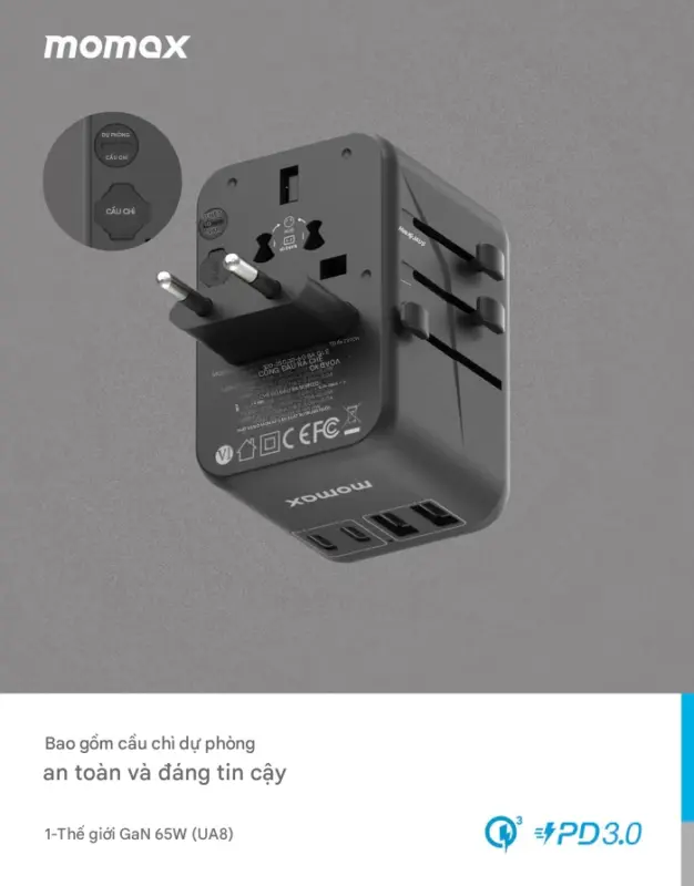Bộ sạc du lịch đa năng MOMAX UA8U GaN 5 cổng 1-World Universal 65W tương thích hơn 200 quốc gia - Trải nghiệm sự tự do du lịch không giới hạn với <strong>Bộ sạc du lịch đa năng MOMAX UA8U GaN 5 cổng 1-World Universal 65W tương thích hơn 200 quốc gia</strong>. Tương thích với hầu hết các chuẩn ổ cắm trên thế giới, bộ sạc <strong>MOMAX UA8U</strong> mang đến tổng công suất sạc 65W mạnh mẽ nhờ công nghệ GaN. Với 5 cổng sạc tiện lợi (USB-C PD & USB-A QC), bạn có thể sạc đồng thời nhiều thiết bị. Nhỏ gọn, đáng tin cậy và cực kỳ đa năng, <strong>MOMAX UA8U</strong> là người bạn đồng hành năng lượng hoàn hảo cho mọi chuyến đi khắp năm châu.