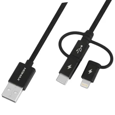 Cáp sạc bện nylon MOMAX DX1 3 trong 1 OneLink USB-A sang Micro USB & Lightning & USB-C dài 1m - Giải phóng bạn khỏi mớ dây cáp lộn xộn chỉ với một sợi cáp duy nhất! <strong>Cáp sạc bện nylon MOMAX DX1 3 trong 1 OneLink USB-A sang Micro USB & Lightning & USB-C dài 1m</strong> là người bạn đồng hành hoàn hảo cho mọi thiết bị của bạn. Tích hợp các đầu cắm Micro USB, Lightning (chuẩn MFI) và USB-C, cáp <strong>MOMAX DX1</strong> này cho phép sạc nhanh (và truyền dữ liệu cơ bản) cho hầu hết điện thoại, máy tính bảng phổ biến trên thị trường. Chất liệu nylon bện cao cấp đảm bảo độ bền và vẻ ngoài sang trọng. Tiện lợi, đa năng và đáng tin cậy. Đơn giản hóa cuộc sống số của bạn với <strong>MOMAX DX1</strong> ngay hôm nay!