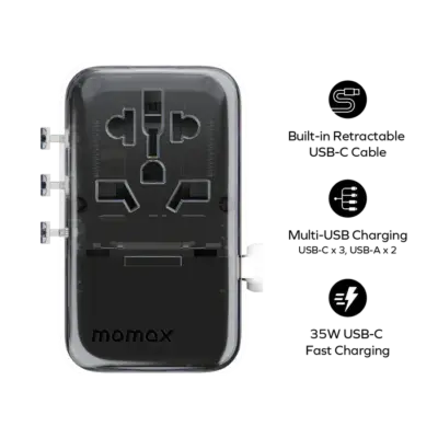 Bộ sạc du lịch MOMAX UA21UKW 4 cổng 1-World+ Flow có cáp USB-C tích hợp 35W - Du lịch nhẹ nhàng, sạc dễ dàng khắp thế giới với <strong>Bộ sạc du lịch MOMAX UA21UKW 4 cổng 1-World+ Flow có cáp USB-C tích hợp 35W</strong>. Tích hợp sẵn các loại chân cắm, bộ sạc <strong>MOMAX UA21UKW</strong> tương thích với hơn 200 quốc gia. Tổng công suất 35W đủ cho nhu cầu sạc nhiều thiết bị cùng lúc (smartphone, tablet...). Với 4 cổng sạc (USB-C PD & USB-A) và đặc biệt là cáp USB-C tích hợp tiện lợi, bạn không cần mang theo nhiều bộ sạc và cáp rời. Nhỏ gọn, an toàn và đáng tin cậy. <strong>MOMAX UA21UKW</strong> là giải pháp năng lượng "tất cả trong một" cho mọi chuyến đi.