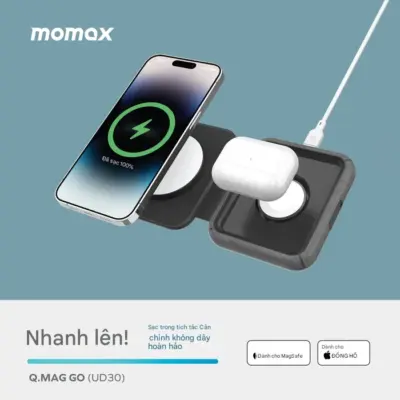 Bộ sạc không dây MOMAX UD30MFI Q.Mag Go 2 trong 1 MagSafe 15W - Đơn giản hóa không gian sạc của bạn với <strong>bộ sạc không dây MOMAX UD30MFI</strong> Q.Mag Go 2 trong 1. Sản phẩm này là giải pháp sạc tiện lợi cho người dùng Apple, tích hợp sạc không dây MagSafe 15W đạt chuẩn MFi (Made for iPhone) cho iPhone 12 trở lên và một pad sạc Qi 5W riêng biệt cho AirPods (có hộp sạc không dây) hoặc các thiết bị Qi nhỏ khác. Thiết kế 2 trong 1 nhỏ gọn, có khả năng gập lại, lý tưởng cho bàn làm việc, đầu giường hoặc mang theo khi du lịch. Công nghệ từ tính đảm bảo căn chỉnh hoàn hảo. An toàn, hiệu quả và được chứng nhận bởi Apple, <strong>MOMAX UD30MFI</strong> là phụ kiện sạc không dây 2 trong 1 đáng tin cậy.