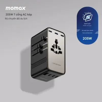 Bộ chuyển đổi du lịch MOMAX UA28L AC kép 7 cổng 205W 1-World² - Mang cả thế giới điện vào hành lý của bạn với <strong>Bộ chuyển đổi du lịch MOMAX UA28L AC kép 7 cổng 205W 1-World²</strong>. Tương thích với hơn 200 quốc gia nhờ các chân cắm tích hợp thông minh, bộ chuyển đổi <strong>MOMAX UA28L</strong> là trạm cấp nguồn vạn năng. Với tổng công suất 205W (bao gồm khả năng cấp nguồn AC và sạc USB) và đặc biệt là khả năng cấp nguồn AC kép độc đáo cùng 7 cổng USB (USB-C & USB-A), bạn có thể sạc mọi thiết bị cùng lúc, kể cả những thiết bị sử dụng phích cắm truyền thống. Nhỏ gọn, an toàn và cực kỳ đa năng. <strong>MOMAX UA28L</strong> - Giải pháp năng lượng "tất cả trong một", đáng tin cậy cho mọi chuyến đi.