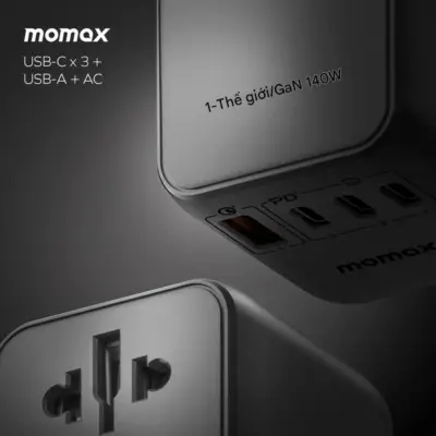 Bộ sạc du lịch đa năng MOMAX UA16 GaN 4 cổng 1-World Universal 140W + Cáp USB-C tương thích hơn 200 quốc gia - Đừng để vấn đề ổ cắm làm phiền những chuyến đi của bạn! <strong>Bộ sạc du lịch đa năng MOMAX UA16 GaN 4 cổng 1-World Universal 140W + Cáp USB-C</strong> là giải pháp năng lượng "tất cả trong một" cho mọi hành trình quốc tế. Tương thích với hơn 200 quốc gia nhờ các chân cắm tích hợp thông minh, bộ sạc <strong>MOMAX UA16</strong> mang đến tổng công suất sạc 140W mạnh mẽ nhờ công nghệ GaN. Với 4 cổng sạc (USB-C PD & USB-A QC), bạn có thể nạp năng lượng cho mọi thiết bị cùng lúc. Kèm theo cáp USB-C tiện lợi. <strong>MOMAX UA16</strong> - Người bạn đồng hành đáng tin cậy cho mọi chuyến đi, giữ thiết bị của bạn luôn đầy pin trên khắp thế giới.