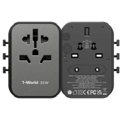 Bộ sạc du lịch MOMAX UA9UK 5 cổng 1-World 35W - Du lịch khắp thế giới một cách dễ dàng và tiện lợi với <strong>Bộ sạc du lịch MOMAX UA9UK 5 cổng 1-World 35W tương thích hơn 200 quốc gia</strong>. Tích hợp sẵn các loại chân cắm cho hơn 200 quốc gia, bộ sạc <strong>MOMAX UA9UK</strong> mang đến tổng công suất 35W đáng tin cậy. Với 5 cổng sạc (3 USB-C & 2 USB-A), bạn có thể nạp năng lượng đồng thời cho điện thoại, máy tính bảng và nhiều thiết bị khác. Nhỏ gọn, an toàn và cực kỳ đa năng. <strong>MOMAX UA9UK</strong> là người bạn đồng hành lý tưởng cho mọi chuyến đi, đơn giản hóa hành lý và giữ thiết bị của bạn luôn sẵn sàng hoạt động trên khắp thế giới.