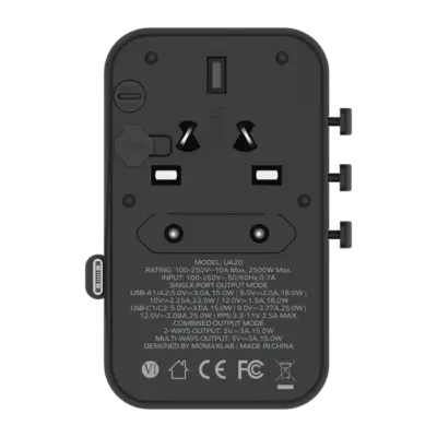 Bộ sạc du lịch MOMAX UA20UK 3 cổng 1-World+ Cáp USB-C tích hợp 25W - Giải phóng bạn khỏi mọi lo lắng về sạc khi du lịch quốc tế với <strong>Bộ sạc du lịch đa năng MOMAX UA20UK GaN 3 cổng 1-World+ có cáp USB-C tích hợp 25W tương thích hơn 200 quốc gia</strong>. Tương thích hơn 200 quốc gia với các chân cắm tích hợp thông minh, bộ sạc <strong>MOMAX UA20UK</strong> mang đến tổng công suất sạc 25W đáng tin cậy nhờ công nghệ GaN. Với 3 cổng sạc (2 USB-C & 1 USB-A) và đặc biệt là cáp USB-C tích hợp sẵn, bạn có thể nạp năng lượng cho nhiều thiết bị cùng lúc mà không cần mang theo dây rời. Nhỏ gọn, an toàn và cực kỳ đa năng. <strong>MOMAX UA20UK</strong> là giải pháp năng lượng "tất cả trong một", đáng tin cậy cho mọi chuyến đi.