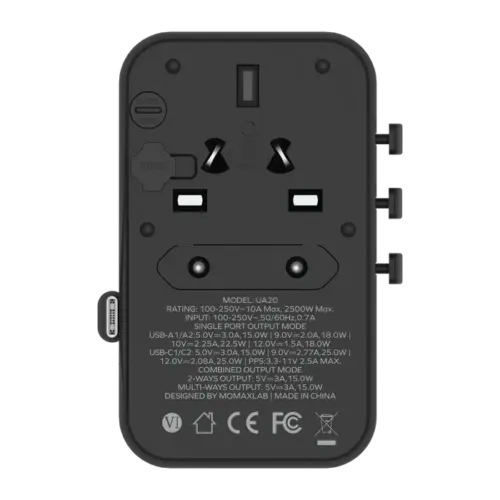Bộ sạc du lịch MOMAX UA20UK 3 cổng 1-World+ Cáp USB-C tích hợp 25W - Hình ảnh 4