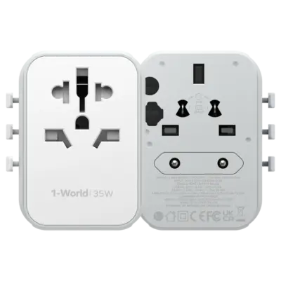 Bộ sạc du lịch MOMAX UA9UK 5 cổng 1-World 35W - Du lịch khắp thế giới một cách dễ dàng và tiện lợi với <strong>Bộ sạc du lịch MOMAX UA9UK 5 cổng 1-World 35W tương thích hơn 200 quốc gia</strong>. Tích hợp sẵn các loại chân cắm cho hơn 200 quốc gia, bộ sạc <strong>MOMAX UA9UK</strong> mang đến tổng công suất 35W đáng tin cậy. Với 5 cổng sạc (3 USB-C & 2 USB-A), bạn có thể nạp năng lượng đồng thời cho điện thoại, máy tính bảng và nhiều thiết bị khác. Nhỏ gọn, an toàn và cực kỳ đa năng. <strong>MOMAX UA9UK</strong> là người bạn đồng hành lý tưởng cho mọi chuyến đi, đơn giản hóa hành lý và giữ thiết bị của bạn luôn sẵn sàng hoạt động trên khắp thế giới.