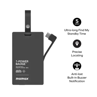 Pin dự phòng MOMAX BR16D 1-Power Badge+ có chức năng Find My Locator - Không chỉ là pin dự phòng, <strong>MOMAX BR16D 1-Power Badge+</strong> là người bạn đồng hành thông minh với khả năng sạc không dây từ tính MagSafe và tích hợp chức năng Find My Locator đột phá. Dung lượng 5000mAh đủ dùng cho những lúc cần thiết. Nhờ Find My, bạn dễ dàng định vị pin nếu lỡ thất lạc, mang lại sự an tâm tuyệt đối. Thiết kế nhỏ gọn, tiện lợi, <strong>MOMAX BR16D 1-Power Badge+</strong> mang đến sự kết hợp hoàn hảo giữa năng lượng và khả năng định vị. Đừng lo mất pin, hãy tận hưởng sự tiện lợi và yên tâm!