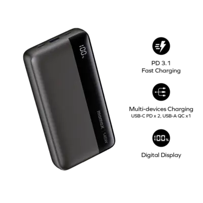 Pin dự phòng MOMAX IP150D Power Ultra 145W 25000mAh - Sẵn sàng chinh phục mọi thử thách năng lượng với <strong>Pin dự phòng MOMAX IP150D Power Ultra 145W 25000mAh</strong>, một "trạm năng lượng" di động đích thực. Sở hữu dung lượng khổng lồ 25000mAh và tổng công suất đầu ra lên tới 145W, pin dễ dàng sạc nhanh đồng thời laptop, tablet, smartphone và nhiều thiết bị khác. Thiết kế hiện đại, bền bỉ, là người bạn đồng hành lý tưởng cho công việc, du lịch hay dã ngoại. <strong>MOMAX IP150D Power Ultra 145W 25000mAh</strong> mang đến sự tự do năng lượng tối đa. Chinh phục mọi giới hạn với sức mạnh của <strong>MOMAX IP150D Power Ultra 145W 25000mAh</strong>!