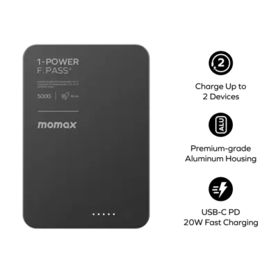 Pin dự phòng MOMAX IP157 1-Power F.Pass⁺ Bộ pin từ tính 5000mAh có cáp tích hợp - Mang theo nguồn năng lượng tiện lợi tối đa với <strong>Pin dự phòng không dây từ tính MOMAX IP157 1-Power F.Pass⁺ Bộ pin từ tính 5000mAh có cáp tích hợp</strong>. Thiết kế siêu nhỏ gọn với dung lượng 5000mAh, hoàn hảo cho nhu cầu bổ sung pin nhanh chóng. Công nghệ từ tính "hít" chặt vào iPhone (hỗ trợ MagSafe) mang lại trải nghiệm sạc không dây mượt mà. Điểm nhấn độc đáo là cáp USB-C tích hợp sẵn, luôn có sẵn để sạc pin hoặc thiết bị khác. Công nghệ F.Pass⁺ đảm bảo sạc hiệu quả. <strong>MOMAX IP157 1-Power F.Pass⁺</strong> là sự kết hợp hoàn hảo giữa tính di động, tiện ích và hiệu năng.