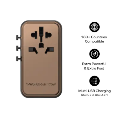 Bộ sạc du lịch đa năng MOMAX UA17 GaN 4 cổng 1-World Universal 170W + Cáp USB-C tương thích hơn 200 quốc gia - Giải phóng bạn khỏi mọi lo lắng về sạc khi du lịch quốc tế với <strong>Bộ sạc du lịch đa năng MOMAX UA17 GaN 4 cổng 1-World Universal 170W + Cáp USB-C</strong>. Tương thích hơn 200 quốc gia với các chân cắm tích hợp, bộ sạc <strong>MOMAX UA17</strong> mang đến tổng công suất sạc lên tới 170W mạnh mẽ. Công nghệ GaN tiên tiến giúp thiết bị nhỏ gọn đáng ngạc nhiên dù có 4 cổng sạc (USB-C PD & USB-A QC). Kèm theo cáp USB-C tiện lợi. <strong>MOMAX UA17</strong> là giải pháp năng lượng "tất cả trong một", đáng tin cậy cho mọi chuyến đi, đảm bảo thiết bị của bạn luôn sẵn sàng hoạt động ở bất kỳ đâu trên thế giới.