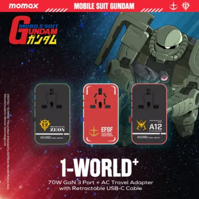 Bộ sạc du lịch đa năng MOMAX UA18 GaN 3 cổng 1-World+ có cáp USB-C tích hợp 70W - Phiên bản giới hạn - Giải phóng bạn khỏi mọi lo lắng về sạc khi du lịch quốc tế với <strong>Bộ sạc du lịch đa năng MOMAX UA18 GaN 3 cổng 1-World+ có cáp USB-C tích hợp 70W - Phiên bản giới hạn</strong>. Tương thích hơn 200 quốc gia với các chân cắm tích hợp, bộ sạc <strong>MOMAX UA18</strong> mang đến tổng công suất sạc lên tới 70W mạnh mẽ. Công nghệ GaN tiên tiến giúp thiết bị nhỏ gọn đáng ngạc nhiên dù có 3 cổng sạc (USB-C PD & USB-A QC) và cáp tích hợp. Kèm theo cáp USB-C tiện lợi. <strong>MOMAX UA18</strong> là giải pháp năng lượng "tất cả trong một", đáng tin cậy cho mọi chuyến đi, đảm bảo thiết bị của bạn luôn sẵn sàng hoạt động ở bất kỳ đâu trên thế giới với phong cách độc đáo của phiên bản giới hạn.