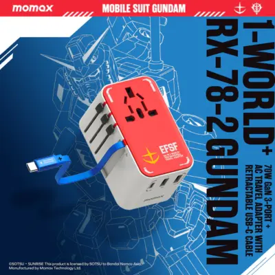 Bộ sạc du lịch đa năng MOMAX UA18 GaN 3 cổng 1-World+ có cáp USB-C tích hợp 70W - Phiên bản giới hạn - Giải phóng bạn khỏi mọi lo lắng về sạc khi du lịch quốc tế với <strong>Bộ sạc du lịch đa năng MOMAX UA18 GaN 3 cổng 1-World+ có cáp USB-C tích hợp 70W - Phiên bản giới hạn</strong>. Tương thích hơn 200 quốc gia với các chân cắm tích hợp, bộ sạc <strong>MOMAX UA18</strong> mang đến tổng công suất sạc lên tới 70W mạnh mẽ. Công nghệ GaN tiên tiến giúp thiết bị nhỏ gọn đáng ngạc nhiên dù có 3 cổng sạc (USB-C PD & USB-A QC) và cáp tích hợp. Kèm theo cáp USB-C tiện lợi. <strong>MOMAX UA18</strong> là giải pháp năng lượng "tất cả trong một", đáng tin cậy cho mọi chuyến đi, đảm bảo thiết bị của bạn luôn sẵn sàng hoạt động ở bất kỳ đâu trên thế giới với phong cách độc đáo của phiên bản giới hạn.