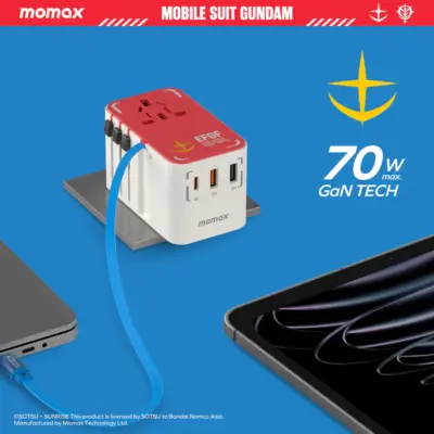 Bộ sạc du lịch đa năng MOMAX UA18 GaN 3 cổng 1-World+ có cáp USB-C tích hợp 70W - Phiên bản giới hạn - Giải phóng bạn khỏi mọi lo lắng về sạc khi du lịch quốc tế với <strong>Bộ sạc du lịch đa năng MOMAX UA18 GaN 3 cổng 1-World+ có cáp USB-C tích hợp 70W - Phiên bản giới hạn</strong>. Tương thích hơn 200 quốc gia với các chân cắm tích hợp, bộ sạc <strong>MOMAX UA18</strong> mang đến tổng công suất sạc lên tới 70W mạnh mẽ. Công nghệ GaN tiên tiến giúp thiết bị nhỏ gọn đáng ngạc nhiên dù có 3 cổng sạc (USB-C PD & USB-A QC) và cáp tích hợp. Kèm theo cáp USB-C tiện lợi. <strong>MOMAX UA18</strong> là giải pháp năng lượng "tất cả trong một", đáng tin cậy cho mọi chuyến đi, đảm bảo thiết bị của bạn luôn sẵn sàng hoạt động ở bất kỳ đâu trên thế giới với phong cách độc đáo của phiên bản giới hạn.