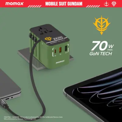 Bộ sạc du lịch đa năng MOMAX UA18 GaN 3 cổng 1-World+ có cáp USB-C tích hợp 70W - Phiên bản giới hạn - Giải phóng bạn khỏi mọi lo lắng về sạc khi du lịch quốc tế với <strong>Bộ sạc du lịch đa năng MOMAX UA18 GaN 3 cổng 1-World+ có cáp USB-C tích hợp 70W - Phiên bản giới hạn</strong>. Tương thích hơn 200 quốc gia với các chân cắm tích hợp, bộ sạc <strong>MOMAX UA18</strong> mang đến tổng công suất sạc lên tới 70W mạnh mẽ. Công nghệ GaN tiên tiến giúp thiết bị nhỏ gọn đáng ngạc nhiên dù có 3 cổng sạc (USB-C PD & USB-A QC) và cáp tích hợp. Kèm theo cáp USB-C tiện lợi. <strong>MOMAX UA18</strong> là giải pháp năng lượng "tất cả trong một", đáng tin cậy cho mọi chuyến đi, đảm bảo thiết bị của bạn luôn sẵn sàng hoạt động ở bất kỳ đâu trên thế giới với phong cách độc đáo của phiên bản giới hạn.