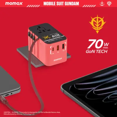 Bộ sạc du lịch đa năng MOMAX UA18 GaN 3 cổng 1-World+ có cáp USB-C tích hợp 70W - Phiên bản giới hạn - Giải phóng bạn khỏi mọi lo lắng về sạc khi du lịch quốc tế với <strong>Bộ sạc du lịch đa năng MOMAX UA18 GaN 3 cổng 1-World+ có cáp USB-C tích hợp 70W - Phiên bản giới hạn</strong>. Tương thích hơn 200 quốc gia với các chân cắm tích hợp, bộ sạc <strong>MOMAX UA18</strong> mang đến tổng công suất sạc lên tới 70W mạnh mẽ. Công nghệ GaN tiên tiến giúp thiết bị nhỏ gọn đáng ngạc nhiên dù có 3 cổng sạc (USB-C PD & USB-A QC) và cáp tích hợp. Kèm theo cáp USB-C tiện lợi. <strong>MOMAX UA18</strong> là giải pháp năng lượng "tất cả trong một", đáng tin cậy cho mọi chuyến đi, đảm bảo thiết bị của bạn luôn sẵn sàng hoạt động ở bất kỳ đâu trên thế giới với phong cách độc đáo của phiên bản giới hạn.