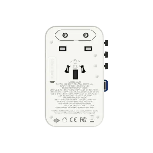 Bộ sạc du lịch đa năng MOMAX UA18 GaN 3 cổng 1-World+ có cáp USB-C tích hợp 70W - Phiên bản giới hạn - Hình ảnh 6