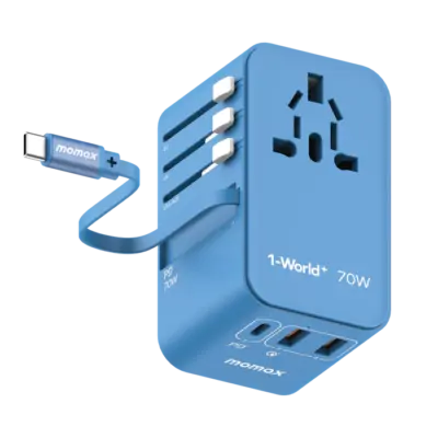 Bộ sạc du lịch MOMAX UA18UK GaN 3 cổng 1-World+ có cáp USB-C tích hợp 70W - Giải phóng bạn khỏi mọi lo lắng về sạc khi du lịch quốc tế với <strong>Bộ sạc du lịch đa năng MOMAX UA18UK GaN 3 cổng 1-World+ có cáp USB-C tích hợp 70W tương thích hơn 200 quốc gia</strong>. Tương thích hơn 200 quốc gia với các chân cắm tích hợp, bộ sạc <strong>MOMAX UA18UK</strong> mang đến tổng công suất sạc lên tới 70W mạnh mẽ nhờ công nghệ GaN. Với 3 cổng sạc (2 USB-C PD & 1 USB-A QC) và đặc biệt là cáp USB-C tích hợp sẵn, bạn có thể nạp năng lượng cho mọi thiết bị cùng lúc mà không cần mang theo dây rời. <strong>MOMAX UA18UK</strong> là giải pháp năng lượng "tất cả trong một", đáng tin cậy cho mọi chuyến đi, giữ thiết bị của bạn luôn sẵn sàng hoạt động ở bất kỳ đâu trên thế giới.