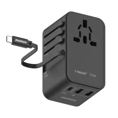 Bộ sạc du lịch MOMAX UA18UK GaN 3 cổng 1-World+ có cáp USB-C tích hợp 70W