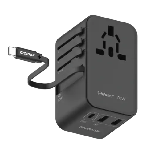 Bộ sạc du lịch MOMAX UA18UK GaN 3 cổng 1-World+ có cáp USB-C tích hợp 70W
