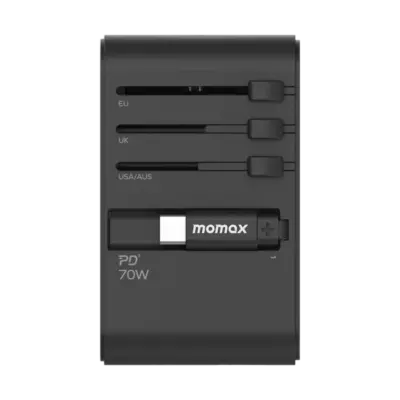 Bộ sạc du lịch MOMAX UA18UK GaN 3 cổng 1-World+ có cáp USB-C tích hợp 70W - Giải phóng bạn khỏi mọi lo lắng về sạc khi du lịch quốc tế với <strong>Bộ sạc du lịch đa năng MOMAX UA18UK GaN 3 cổng 1-World+ có cáp USB-C tích hợp 70W tương thích hơn 200 quốc gia</strong>. Tương thích hơn 200 quốc gia với các chân cắm tích hợp, bộ sạc <strong>MOMAX UA18UK</strong> mang đến tổng công suất sạc lên tới 70W mạnh mẽ nhờ công nghệ GaN. Với 3 cổng sạc (2 USB-C PD & 1 USB-A QC) và đặc biệt là cáp USB-C tích hợp sẵn, bạn có thể nạp năng lượng cho mọi thiết bị cùng lúc mà không cần mang theo dây rời. <strong>MOMAX UA18UK</strong> là giải pháp năng lượng "tất cả trong một", đáng tin cậy cho mọi chuyến đi, giữ thiết bị của bạn luôn sẵn sàng hoạt động ở bất kỳ đâu trên thế giới.