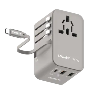 Bộ sạc du lịch đa năng MOMAX UA18U GaN 3 cổng 1-World+ có cáp USB-C tích hợp 70W tương thích hơn 200 quốc gia - Giải phóng bạn khỏi mọi lo lắng về sạc khi du lịch quốc tế với <strong>Bộ sạc du lịch đa năng MOMAX UA18U GaN 3 cổng 1-World+ có cáp USB-C tích hợp 70W tương thích hơn 200 quốc gia</strong>. Tương thích hơn 200 quốc gia với các chân cắm tích hợp, bộ sạc <strong>MOMAX UA18U</strong> mang đến tổng công suất sạc lên tới 70W mạnh mẽ nhờ công nghệ GaN. Với 3 cổng sạc (2 USB-C PD & 1 USB-A QC), bạn có thể nạp năng lượng cho mọi thiết bị cùng lúc. Đặc biệt, cáp USB-C tích hợp sẵn cực kỳ tiện lợi. <strong>MOMAX UA18U</strong> là giải pháp năng lượng "tất cả trong một", đáng tin cậy cho mọi chuyến đi, đảm bảo thiết bị của bạn luôn sẵn sàng hoạt động ở bất kỳ đâu trên thế giới.