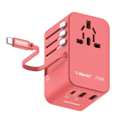 Bộ sạc du lịch MOMAX UA18UK GaN 3 cổng 1-World+ có cáp USB-C tích hợp 70W - Giải phóng bạn khỏi mọi lo lắng về sạc khi du lịch quốc tế với <strong>Bộ sạc du lịch đa năng MOMAX UA18UK GaN 3 cổng 1-World+ có cáp USB-C tích hợp 70W tương thích hơn 200 quốc gia</strong>. Tương thích hơn 200 quốc gia với các chân cắm tích hợp, bộ sạc <strong>MOMAX UA18UK</strong> mang đến tổng công suất sạc lên tới 70W mạnh mẽ nhờ công nghệ GaN. Với 3 cổng sạc (2 USB-C PD & 1 USB-A QC) và đặc biệt là cáp USB-C tích hợp sẵn, bạn có thể nạp năng lượng cho mọi thiết bị cùng lúc mà không cần mang theo dây rời. <strong>MOMAX UA18UK</strong> là giải pháp năng lượng "tất cả trong một", đáng tin cậy cho mọi chuyến đi, giữ thiết bị của bạn luôn sẵn sàng hoạt động ở bất kỳ đâu trên thế giới.