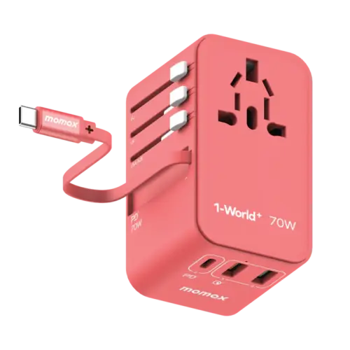Bộ sạc du lịch đa năng MOMAX UA18U GaN 3 cổng 1-World+ có cáp USB-C tích hợp 70W tương thích hơn 200 quốc gia - Hình ảnh 2