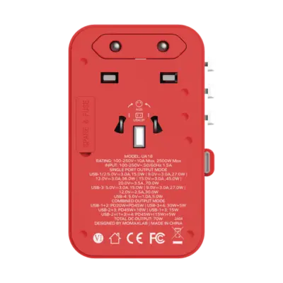Bộ sạc du lịch MOMAX UA18UK GaN 3 cổng 1-World+ có cáp USB-C tích hợp 70W - Giải phóng bạn khỏi mọi lo lắng về sạc khi du lịch quốc tế với <strong>Bộ sạc du lịch đa năng MOMAX UA18UK GaN 3 cổng 1-World+ có cáp USB-C tích hợp 70W tương thích hơn 200 quốc gia</strong>. Tương thích hơn 200 quốc gia với các chân cắm tích hợp, bộ sạc <strong>MOMAX UA18UK</strong> mang đến tổng công suất sạc lên tới 70W mạnh mẽ nhờ công nghệ GaN. Với 3 cổng sạc (2 USB-C PD & 1 USB-A QC) và đặc biệt là cáp USB-C tích hợp sẵn, bạn có thể nạp năng lượng cho mọi thiết bị cùng lúc mà không cần mang theo dây rời. <strong>MOMAX UA18UK</strong> là giải pháp năng lượng "tất cả trong một", đáng tin cậy cho mọi chuyến đi, giữ thiết bị của bạn luôn sẵn sàng hoạt động ở bất kỳ đâu trên thế giới.