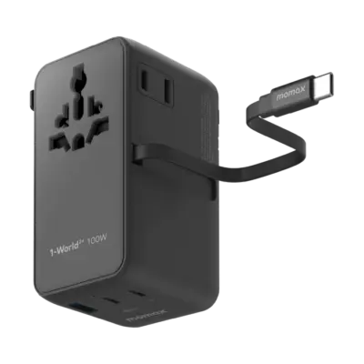Bộ sạc du lịch MOMAX UA25 mini GaN 4 cổng 1-World²⁺ có cáp thu vào tích hợp 100W với AC kép