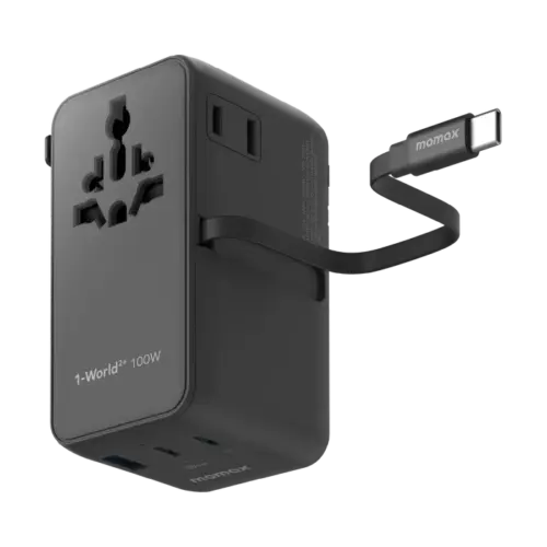 Bộ sạc du lịch MOMAX UA25 mini GaN 4 cổng 1-World²⁺ có cáp thu vào tích hợp 100W với AC kép