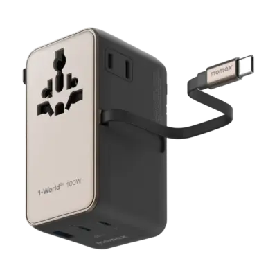 Bộ sạc du lịch MOMAX UA25 mini GaN 4 cổng 1-World²⁺ có cáp thu vào tích hợp 100W với AC kép - Giải phóng bạn khỏi mọi lo lắng về sạc khi du lịch quốc tế với <strong>Bộ sạc du lịch đa năng MOMAX UA25 mini GaN 4 cổng 1-World²⁺ có cáp thu vào tích hợp 100W với AC kép</strong>. Tương thích hơn 200 quốc gia với các chân cắm tích hợp thông minh, bộ sạc <strong>MOMAX UA25</strong> mang đến tổng công suất sạc lên tới 100W mạnh mẽ nhờ công nghệ GaN. Với 4 cổng USB (3 USB-C PD & 1 USB-A QC), cáp USB-C thu vào tích hợp tiện lợi và đặc biệt là khả năng cấp nguồn AC kép độc đáo, bạn có thể nạp năng lượng cho mọi thiết bị cùng lúc, kể cả những thiết bị sử dụng phích cắm truyền thống. Nhỏ gọn, an toàn và cực kỳ đa năng. <strong>MOMAX UA25</strong> là giải pháp năng lượng "tất cả trong một", đáng tin cậy cho mọi chuyến đi.