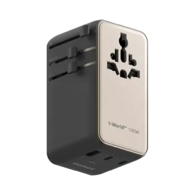 Bộ sạc du lịch MOMAX UA25 mini GaN 4 cổng 1-World²⁺ có cáp thu vào tích hợp 100W với AC kép - Giải phóng bạn khỏi mọi lo lắng về sạc khi du lịch quốc tế với <strong>Bộ sạc du lịch đa năng MOMAX UA25 mini GaN 4 cổng 1-World²⁺ có cáp thu vào tích hợp 100W với AC kép</strong>. Tương thích hơn 200 quốc gia với các chân cắm tích hợp thông minh, bộ sạc <strong>MOMAX UA25</strong> mang đến tổng công suất sạc lên tới 100W mạnh mẽ nhờ công nghệ GaN. Với 4 cổng USB (3 USB-C PD & 1 USB-A QC), cáp USB-C thu vào tích hợp tiện lợi và đặc biệt là khả năng cấp nguồn AC kép độc đáo, bạn có thể nạp năng lượng cho mọi thiết bị cùng lúc, kể cả những thiết bị sử dụng phích cắm truyền thống. Nhỏ gọn, an toàn và cực kỳ đa năng. <strong>MOMAX UA25</strong> là giải pháp năng lượng "tất cả trong một", đáng tin cậy cho mọi chuyến đi.