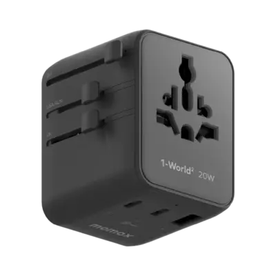 Bộ sạc du lịch MOMAX UA26 GaN 3 cổng 1-World² 20W với AC kép - Giải phóng bạn khỏi mọi lo lắng về sạc khi du lịch quốc tế với <strong>Bộ sạc du lịch đa năng MOMAX UA26 GaN 3 cổng 1-World² 20W với AC kép</strong>. Tương thích hơn 200 quốc gia với các chân cắm tích hợp thông minh, bộ sạc <strong>MOMAX UA26</strong> mang đến tổng công suất sạc lên tới 20W đáng tin cậy nhờ công nghệ GaN. Với 3 cổng sạc USB (USB-C PD & USB-A QC) và đặc biệt là khả năng cấp nguồn AC kép độc đáo, bạn có thể nạp năng lượng cho mọi thiết bị cùng lúc, kể cả những thiết bị sử dụng phích cắm truyền thống. Nhỏ gọn, an toàn và cực kỳ đa năng. <strong>MOMAX UA26</strong> là giải pháp năng lượng "tất cả trong một", đáng tin cậy cho mọi chuyến đi.