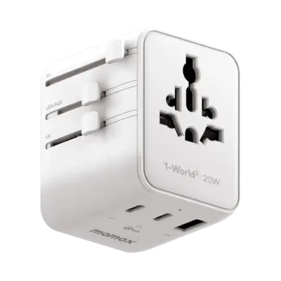 Bộ sạc du lịch MOMAX UA26 GaN 3 cổng 1-World² 20W với AC kép - Giải phóng bạn khỏi mọi lo lắng về sạc khi du lịch quốc tế với <strong>Bộ sạc du lịch đa năng MOMAX UA26 GaN 3 cổng 1-World² 20W với AC kép</strong>. Tương thích hơn 200 quốc gia với các chân cắm tích hợp thông minh, bộ sạc <strong>MOMAX UA26</strong> mang đến tổng công suất sạc lên tới 20W đáng tin cậy nhờ công nghệ GaN. Với 3 cổng sạc USB (USB-C PD & USB-A QC) và đặc biệt là khả năng cấp nguồn AC kép độc đáo, bạn có thể nạp năng lượng cho mọi thiết bị cùng lúc, kể cả những thiết bị sử dụng phích cắm truyền thống. Nhỏ gọn, an toàn và cực kỳ đa năng. <strong>MOMAX UA26</strong> là giải pháp năng lượng "tất cả trong một", đáng tin cậy cho mọi chuyến đi.