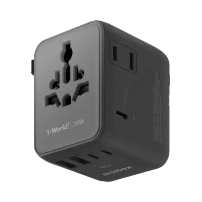 Bộ sạc du lịch MOMAX UA27 mini GaN 5 cổng 1-World² 35W với AC kép - Giải phóng bạn khỏi mọi lo lắng về sạc khi du lịch quốc tế với <strong>Bộ sạc du lịch đa năng MOMAX UA27 mini GaN 5 cổng 1-World² 35W với AC kép</strong>. Tương thích hơn 200 quốc gia với các chân cắm tích hợp thông minh, bộ sạc <strong>MOMAX UA27</strong> mang đến tổng công suất sạc lên tới 35W đáng tin cậy nhờ công nghệ GaN. Với 5 cổng sạc USB (3 USB-C PD & 2 USB-A QC) và đặc biệt là khả năng cấp nguồn AC kép độc đáo, bạn có thể nạp năng lượng cho mọi thiết bị cùng lúc, kể cả những thiết bị sử dụng phích cắm truyền thống. Nhỏ gọn, an toàn và cực kỳ đa năng. <strong>MOMAX UA27</strong> là giải pháp năng lượng "tất cả trong một", đáng tin cậy cho mọi chuyến đi.
