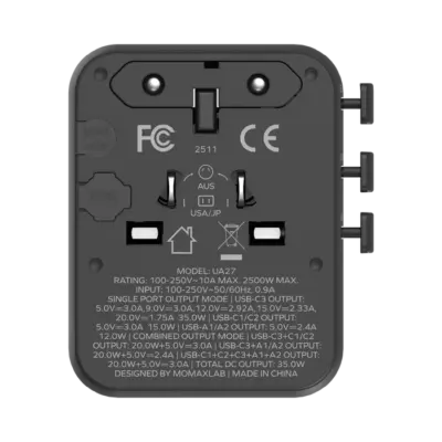 Bộ sạc du lịch MOMAX UA27 mini GaN 5 cổng 1-World² 35W với AC kép - Giải phóng bạn khỏi mọi lo lắng về sạc khi du lịch quốc tế với <strong>Bộ sạc du lịch đa năng MOMAX UA27 mini GaN 5 cổng 1-World² 35W với AC kép</strong>. Tương thích hơn 200 quốc gia với các chân cắm tích hợp thông minh, bộ sạc <strong>MOMAX UA27</strong> mang đến tổng công suất sạc lên tới 35W đáng tin cậy nhờ công nghệ GaN. Với 5 cổng sạc USB (3 USB-C PD & 2 USB-A QC) và đặc biệt là khả năng cấp nguồn AC kép độc đáo, bạn có thể nạp năng lượng cho mọi thiết bị cùng lúc, kể cả những thiết bị sử dụng phích cắm truyền thống. Nhỏ gọn, an toàn và cực kỳ đa năng. <strong>MOMAX UA27</strong> là giải pháp năng lượng "tất cả trong một", đáng tin cậy cho mọi chuyến đi.