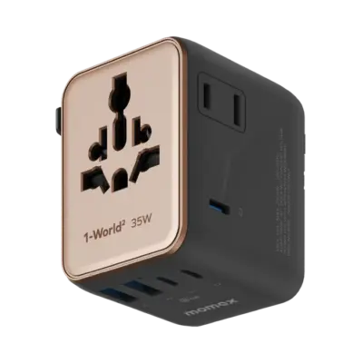 Bộ sạc du lịch MOMAX UA27 mini GaN 5 cổng 1-World² 35W với AC kép - Giải phóng bạn khỏi mọi lo lắng về sạc khi du lịch quốc tế với <strong>Bộ sạc du lịch đa năng MOMAX UA27 mini GaN 5 cổng 1-World² 35W với AC kép</strong>. Tương thích hơn 200 quốc gia với các chân cắm tích hợp thông minh, bộ sạc <strong>MOMAX UA27</strong> mang đến tổng công suất sạc lên tới 35W đáng tin cậy nhờ công nghệ GaN. Với 5 cổng sạc USB (3 USB-C PD & 2 USB-A QC) và đặc biệt là khả năng cấp nguồn AC kép độc đáo, bạn có thể nạp năng lượng cho mọi thiết bị cùng lúc, kể cả những thiết bị sử dụng phích cắm truyền thống. Nhỏ gọn, an toàn và cực kỳ đa năng. <strong>MOMAX UA27</strong> là giải pháp năng lượng "tất cả trong một", đáng tin cậy cho mọi chuyến đi.