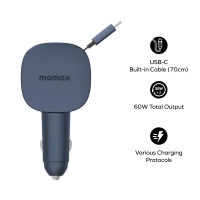Bộ sạc ô tô MOMAX UC19E 1-Move⁺ 2 cổng có cáp thu vào tích hợp 60W - Biến mỗi chuyến đi trên ô tô thành cơ hội nạp đầy năng lượng cho thiết bị của bạn với <strong>Bộ sạc ô tô MOMAX UC19E 1-Move⁺ 2 cổng có cáp thu vào tích hợp 60W</strong>. Với công suất sạc nhanh 60W (chia sẻ giữa các cổng), bộ sạc <strong>MOMAX UC19E 1-Move⁺</strong> đủ sức nạp năng lượng hiệu quả cho smartphone, máy tính bảng và cả laptop mỏng nhẹ. Điểm nhấn là cáp (thường USB-C hoặc Lightning) có thể thu vào tích hợp sẵn, giải phóng bạn khỏi dây cáp lộn xộn. Thiết kế gọn gàng, tiện lợi, <strong>MOMAX UC19E 1-Move⁺</strong> là phụ kiện không thể thiếu cho mọi chiếc xe, đảm bảo thiết bị của bạn luôn sẵn sàng hoạt động trên mọi nẻo đường.