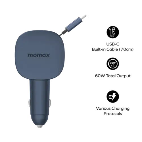 Bộ sạc ô tô MOMAX UC19E 1-Move⁺ 2 cổng có cáp thu vào tích hợp 60W - Hình ảnh 5