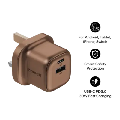 Bộ sạc MOMAX UM71UKL2 GaN 2 cổng 1-Charge 30W - Trải nghiệm tốc độ sạc nhanh trong một thiết kế siêu nhỏ gọn với <strong>Bộ sạc MOMAX UM71UKL2 GaN 2 cổng 1-Charge 30W</strong>. Công suất sạc nhanh 30W Power Delivery mạnh mẽ nhờ công nghệ GaN tiên tiến, đủ sức nạp năng lượng cho smartphone, máy tính bảng và cả laptop mỏng nhẹ một cách hiệu quả. Với 2 cổng sạc (thường 1 USB-C PD & 1 USB-A QC), bạn có thể sạc đồng thời hai thiết bị. Chân cắm UK (3 chấu) tích hợp, an toàn và đáng tin cậy. <strong>MOMAX UM71UKL2</strong> là người bạn đồng hành lý tưởng cho mọi nhu cầu sạc nhanh, đơn giản và hiệu quả, giúp bạn luôn kết nối mọi lúc mọi nơi.