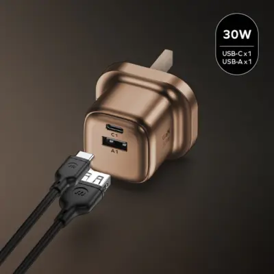 Bộ sạc MOMAX UM71UKL2 GaN 2 cổng 1-Charge 30W - Trải nghiệm tốc độ sạc nhanh trong một thiết kế siêu nhỏ gọn với <strong>Bộ sạc MOMAX UM71UKL2 GaN 2 cổng 1-Charge 30W</strong>. Công suất sạc nhanh 30W Power Delivery mạnh mẽ nhờ công nghệ GaN tiên tiến, đủ sức nạp năng lượng cho smartphone, máy tính bảng và cả laptop mỏng nhẹ một cách hiệu quả. Với 2 cổng sạc (thường 1 USB-C PD & 1 USB-A QC), bạn có thể sạc đồng thời hai thiết bị. Chân cắm UK (3 chấu) tích hợp, an toàn và đáng tin cậy. <strong>MOMAX UM71UKL2</strong> là người bạn đồng hành lý tưởng cho mọi nhu cầu sạc nhanh, đơn giản và hiệu quả, giúp bạn luôn kết nối mọi lúc mọi nơi.