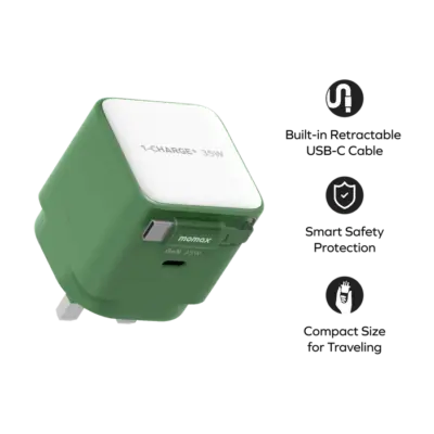 Bộ sạc MOMAX UM72UK GaN 1-Charge+ 1 cổng có cáp USB-C tích hợp 35W - Đơn giản hóa việc sạc pin cho mọi thiết bị USB-C của bạn với <strong>Bộ sạc MOMAX UM72UK GaN 1-Charge+ 1 cổng có cáp USB-C tích hợp 35W</strong>. Công suất sạc nhanh 35W Power Delivery mạnh mẽ nhờ công nghệ GaN tiên tiến, đủ sức nạp năng lượng cho cả laptop mỏng nhẹ, máy tính bảng và smartphone. Đặc biệt, cáp USB-C được tích hợp sẵn ngay trên thân bộ sạc – giải pháp "tất cả trong một" cực kỳ tiện lợi, không lo quên cáp. Chân cắm UK (3 chấu) tích hợp, an toàn và đáng tin cậy. <strong>MOMAX UM72UK</strong> là người bạn đồng hành lý tưởng cho bàn làm việc và di chuyển.