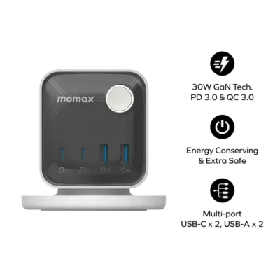 Bộ sạc MOMAX US20UKW Charge Work Flow 3-Outlet GaN Power Cube 30W với Cổng USB - Biến một ổ cắm tường duy nhất thành trạm năng lượng nhỏ gọn và đa năng với <strong>Bộ sạc MOMAX US20UKW Charge Work Flow 3-Outlet GaN Power Cube 30W với Cổng USB</strong>. Với thiết kế hình khối độc đáo và nhỏ gọn, bộ sạc <strong>MOMAX US20UKW</strong> trang bị 3 ổ cắm AC tiêu chuẩn (chuẩn UKW) và các cổng sạc USB (thường USB-C PD và USB-A QC) với tổng công suất 30W nhờ công nghệ GaN. Nạp năng lượng đồng thời cho điện thoại, máy tính bảng và nhiều thiết bị khác. An toàn, hiệu quả và tối ưu hóa không gian. <strong>MOMAX US20UKW</strong> là giải pháp năng lượng tiện lợi cho gia đình, văn phòng hoặc du lịch (nếu phù hợp chuẩn ổ cắm).