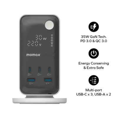 Bộ sạc MOMAX US21UKW Flow 6-Outlet GaN Power Tower 35W với Cổng USB - Biến một ổ cắm tường duy nhất thành trạm sạc năng lượng đa năng với <strong>Bộ sạc MOMAX US21UKW Flow 6-Outlet GaN Power Tower 35W với Cổng USB</strong>. Với thiết kế tháp nhỏ gọn, bộ sạc <strong>MOMAX US21UKW</strong> trang bị 6 ổ cắm AC tiêu chuẩn và các cổng sạc USB (thường USB-C PD và USB-A QC) với tổng công suất 35W nhờ công nghệ GaN. Nạp năng lượng đồng thời cho laptop, điện thoại, máy tính bảng và nhiều thiết bị khác. An toàn, hiệu quả và tối ưu hóa không gian. <strong>MOMAX US21UKW</strong> là giải pháp năng lượng hoàn hảo cho gia đình, văn phòng hoặc du lịch.