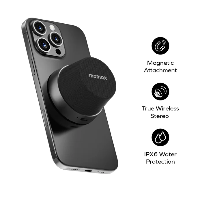 Loa Bluetooth Không Dây Từ Tính MOMAX BS6 1-Vibe Go - Trải nghiệm âm thanh đỉnh cao và sự tiện lợi tuyệt đối với <strong>Loa Bluetooth Không Dây Từ Tính MOMAX BS6 1-Vibe Go</strong>. Đây là mẫu loa di động mang đến chất lượng âm thanh sống động, mạnh mẽ trong một thiết kế nhỏ gọn, đầy phong cách. Với khả năng kết nối Bluetooth 5.3 tiên tiến, <strong>MOMAX BS6 1-Vibe Go</strong> đảm bảo đường truyền ổn định, mượt mà. Đặc biệt, tính năng từ tính độc đáo cho phép bạn dễ dàng gắn loa lên các bề mặt kim loại, mở rộng không gian trải nghiệm âm nhạc của mình mọi lúc mọi nơi. Đây chính là người bạn đồng hành lý tưởng cho mọi cuộc phiêu lưu.